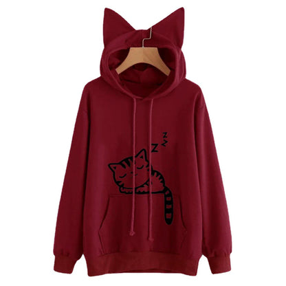 Women’s Hooded Sweatshirt – Loose Fit – Plush Feel – Cat Ears – Kangaroo Pocket