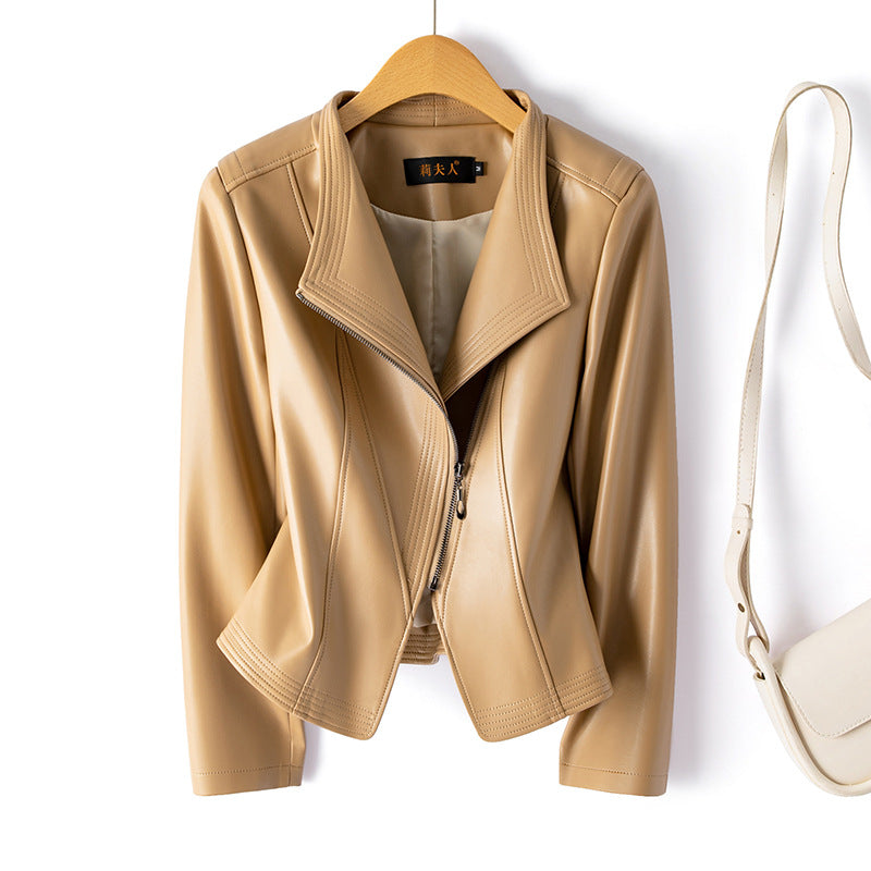 Faux Leather Cropped Notched Asymmetrical Jacket