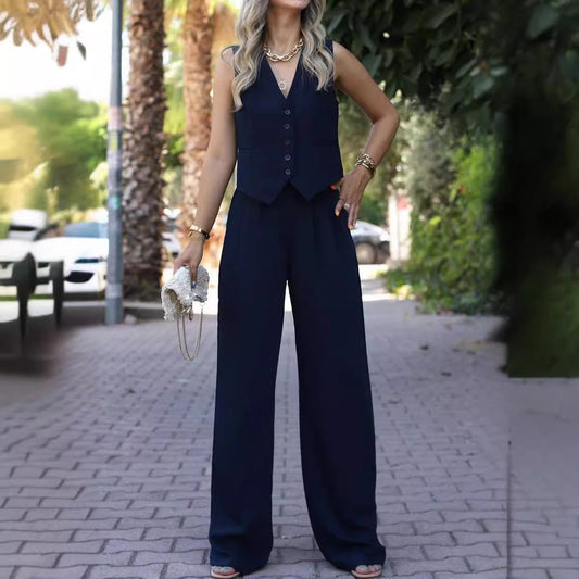 Sleeveless Wide Leg V-Neck Vest Set