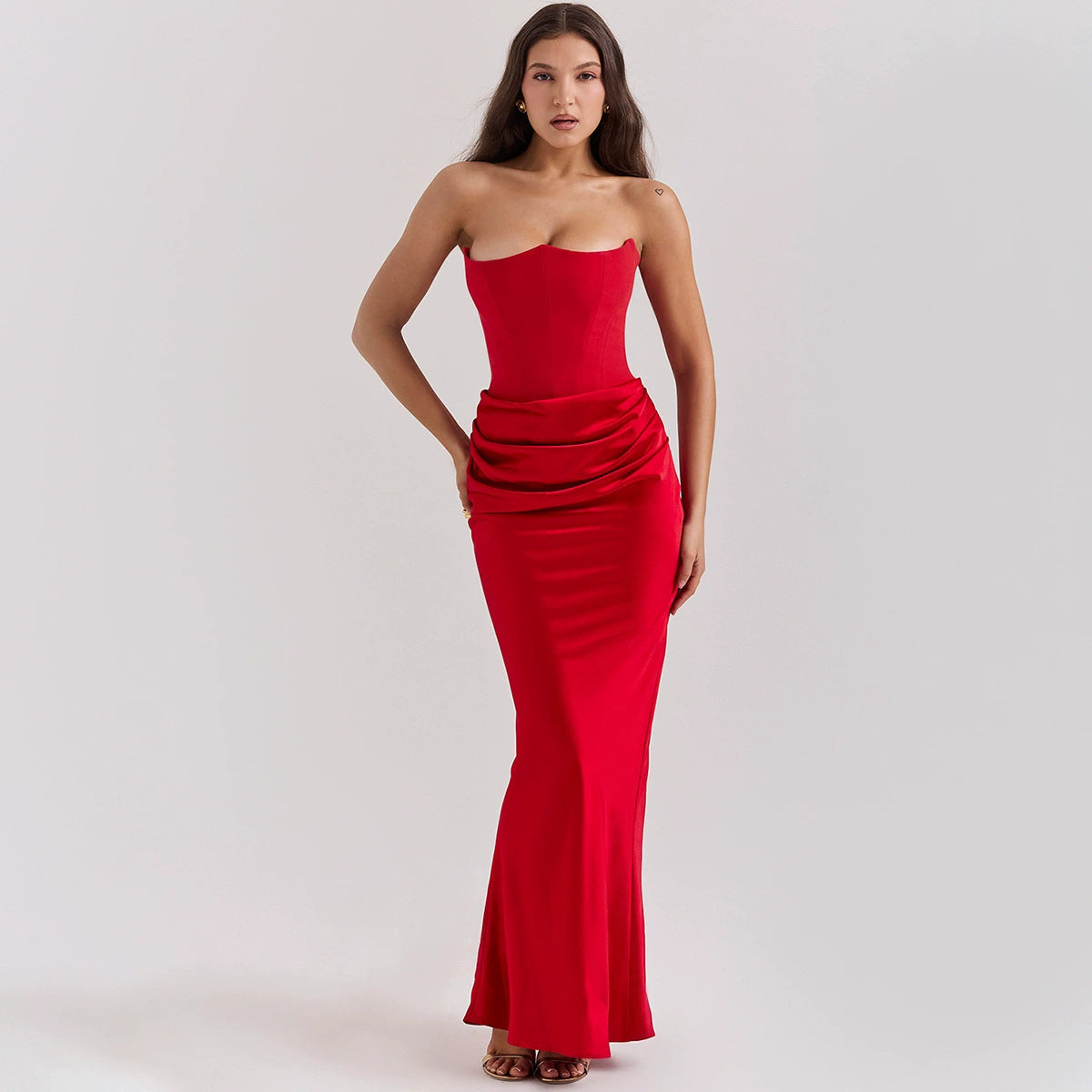 Women’s Strapless Maxi Dress – Corset Bodice – Satin Finish – Slim Fit – Elegant Gown