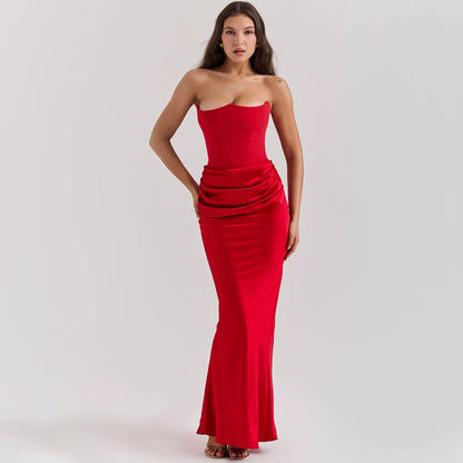 Women’s Strapless Maxi Dress – Corset Bodice – Satin Finish – Slim Fit – Elegant Gown