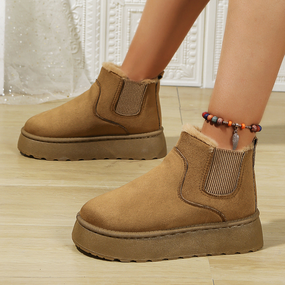 Slip-On Faux Suede Faux Fur-Lined Ankle Boots