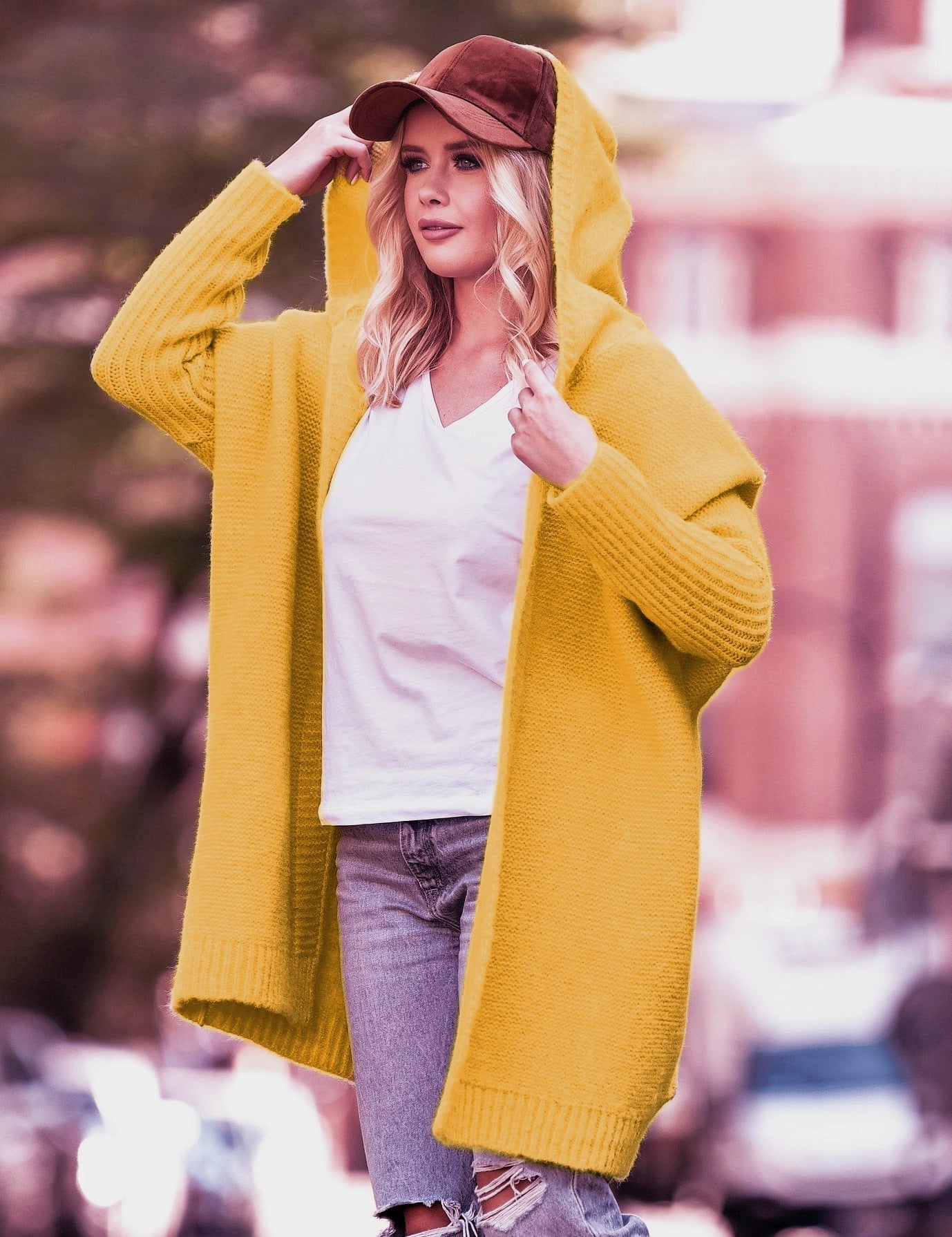 Wool Blend Oversized Hooded Knit Cardigan 