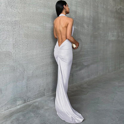 Women’s Maxi Dress – Slim Fit – Satin Finish – Plunging Halter Neck – Open Back