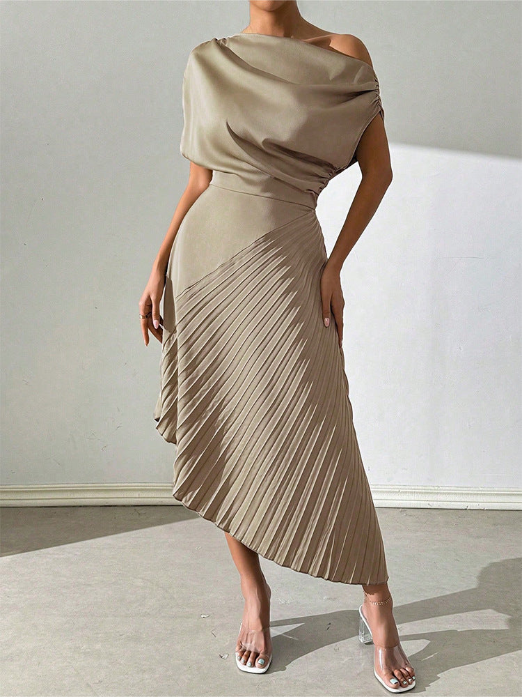 Asymmetrical Pleated One Shoulder Midi Dress