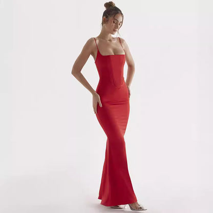 Women’s Maxi Dress – Bodycon Fit – Spaghetti Straps – Stretch Jersey Evening Wear