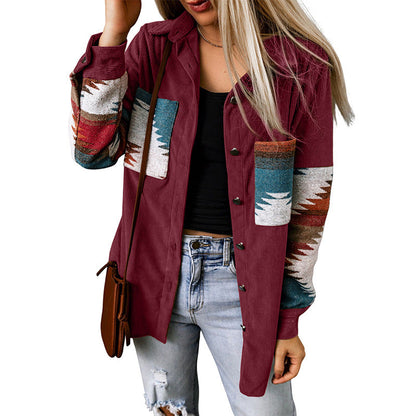 Women’s Cardigan Jacket – Corduroy Texture – Aztec Pattern – Relaxed Fit – Button-Up