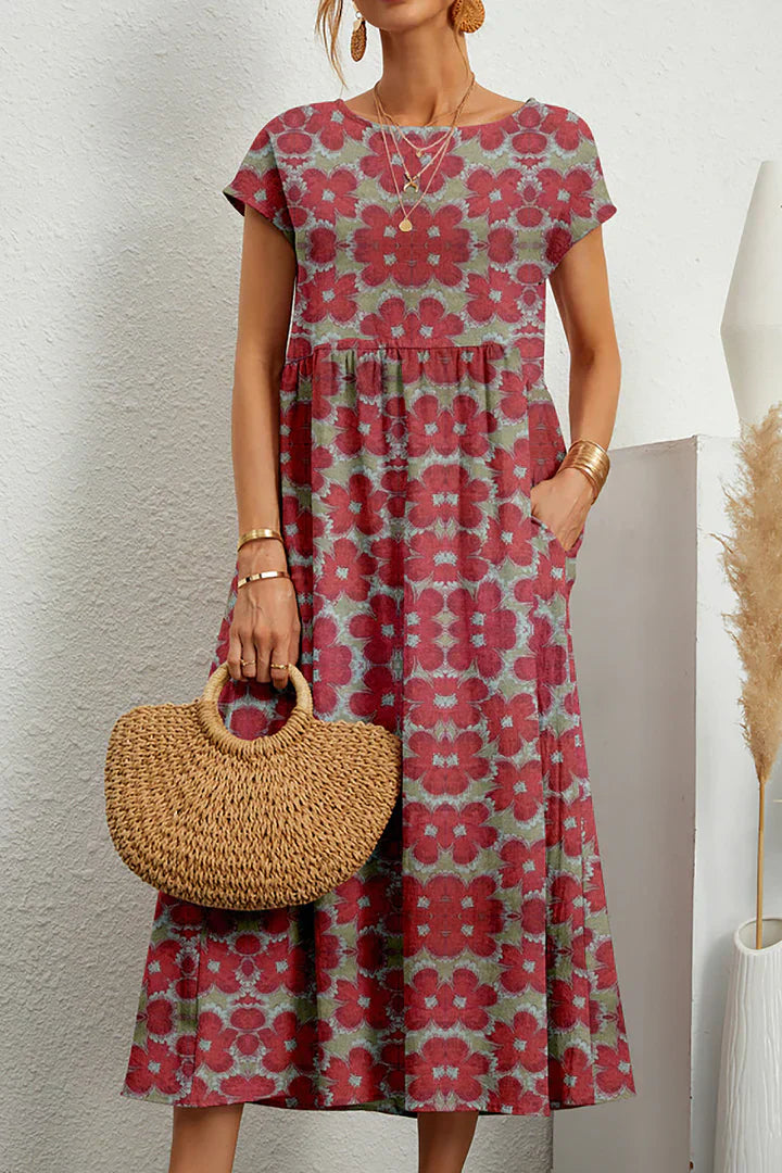 Women's Midi Dress - Floral Print - Short Sleeve - Loose Fit - Lightweight Fabric