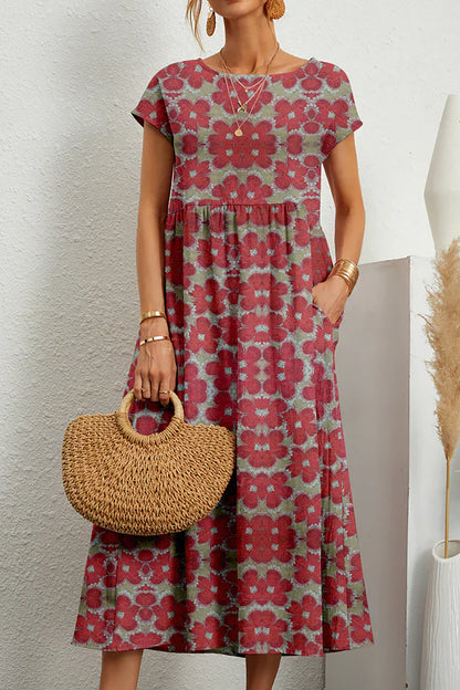 Women's Midi Dress - Floral Print - Short Sleeve - Loose Fit - Lightweight Fabric