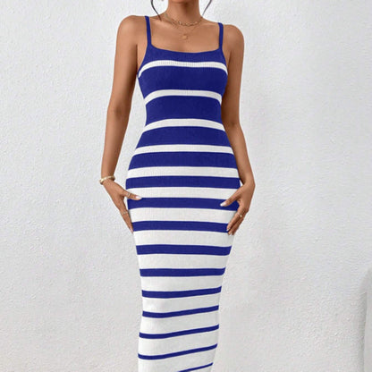 Women’s Bodycon Dress – Slim Fit – Knit Fabric – Spaghetti Strap – Striped Midi Length