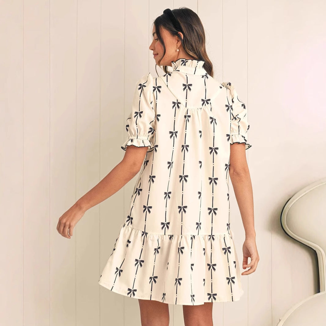 Women’s A-Line Dress – Lightweight Cotton – Puff Sleeves – Bow Pattern – Above Knee