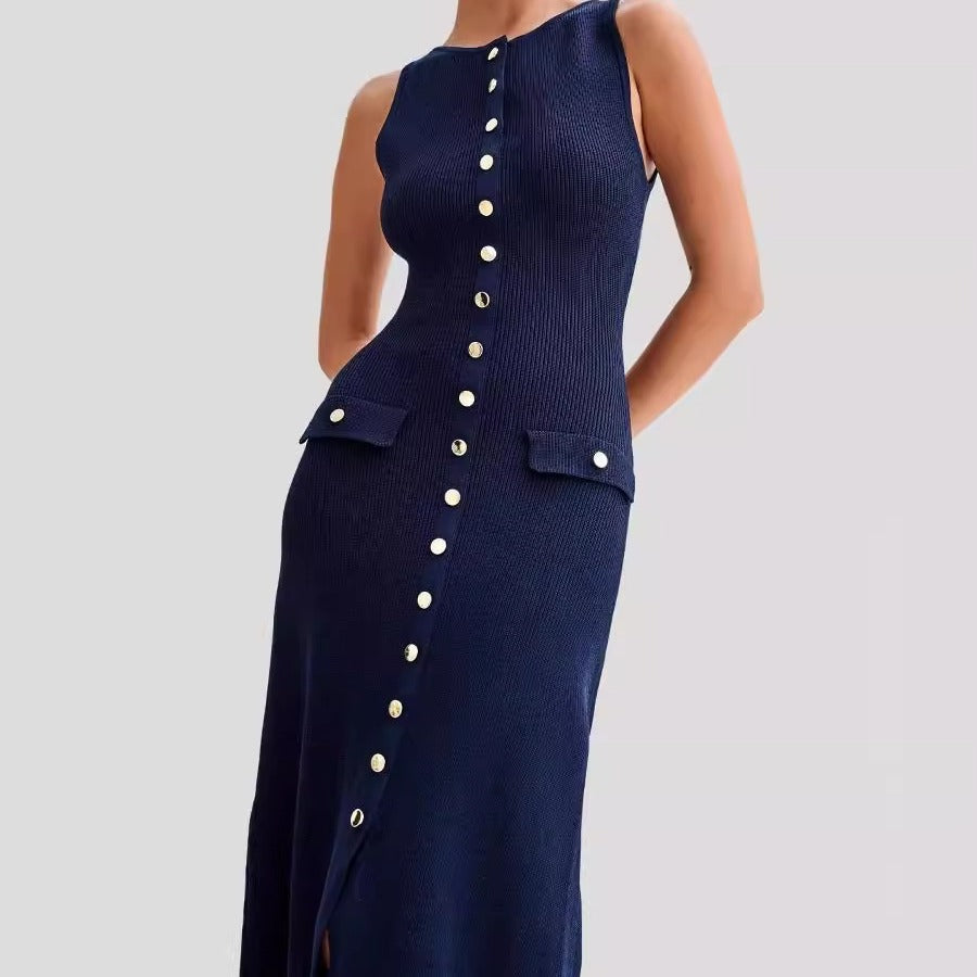 Women’s Knitted Dress – Slim Fit – Sleeveless Midi – Button Front – Flap Pockets
