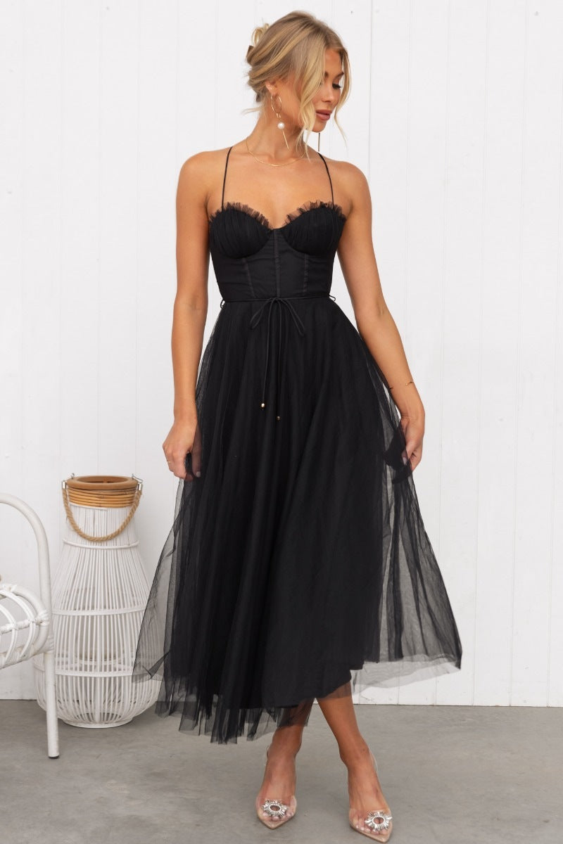 Women’s Evening Dress – Slim Fit A-Line – Mesh Overlay – Spaghetti Straps – Midi Length