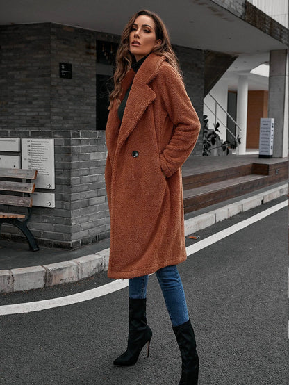 Women’s Windbreaker Coat – Relaxed Fit – Wool-Like Texture – Single-Breasted – Mid-Length