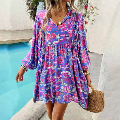 Women’s Mini Dress – Lightweight Rayon – Relaxed Fit – Long Sleeve – V-Neck Floral