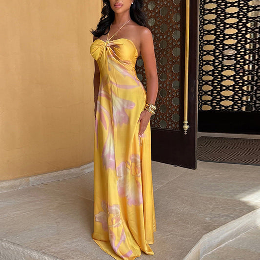 Satin Finish Halter-Neck Printed Maxi Dress