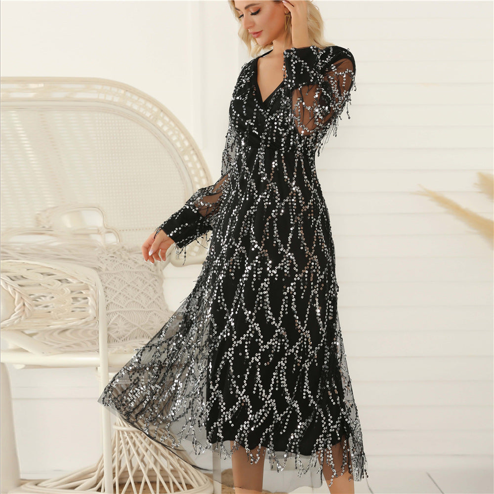 Sequin Embellished Fitted V-Neck Long Sleeve Dress