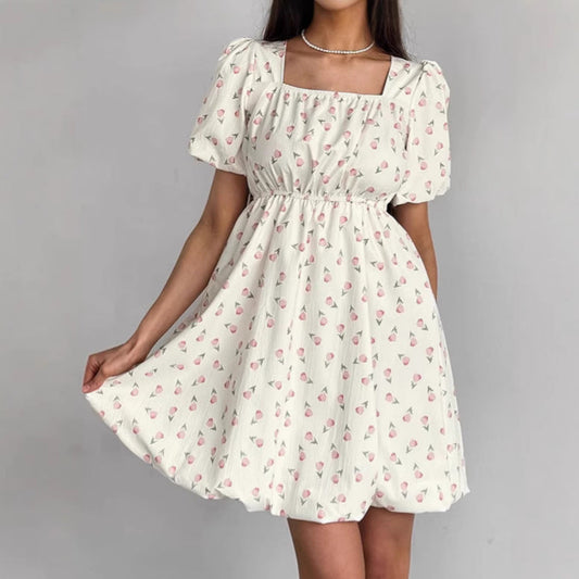 Floral Print Puff Sleeve A-Line Dress