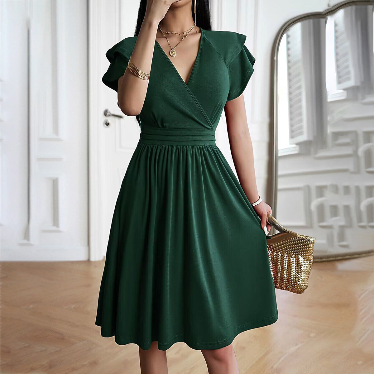 Women's Midi Dress - Wrap Design - V-Neck - Short Ruffled Sleeves - Flattering Fit