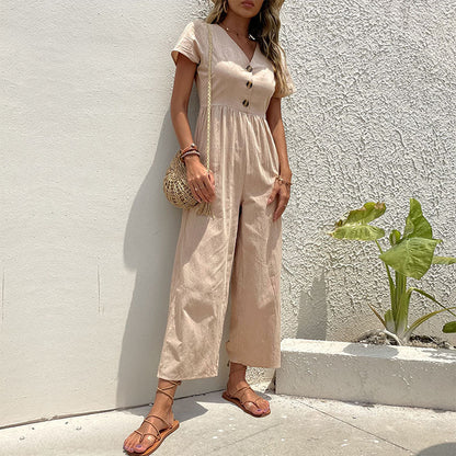 Women’s Jumpsuit – Linen Blend – Wide Leg – Relaxed Fit – Short Sleeve – V-Neck