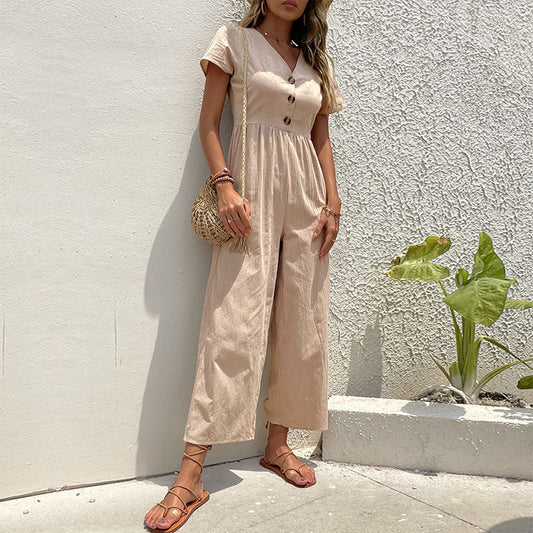 Linen Blend Relaxed Fit Wide Leg Jumpsuit