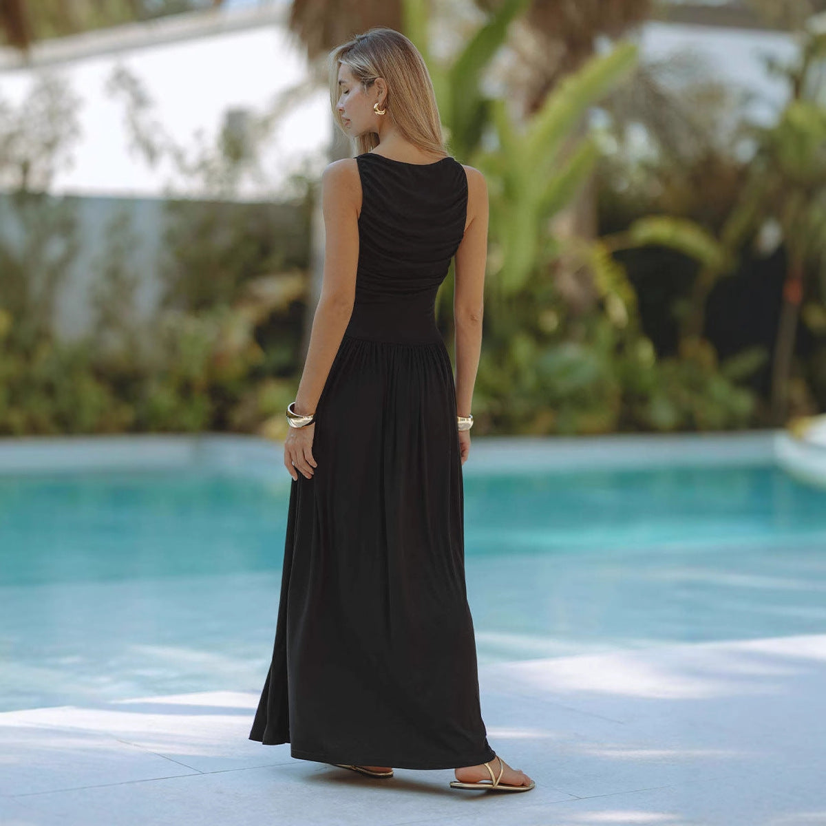 Women’s Sleeveless Dress – Slim Fit – Ruched Waist – Full Length – Lightweight Jersey