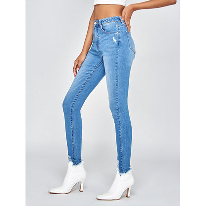 Women's High-Waisted Skinny Jeans - Distressed Hem - Classic Five-Pocket Style