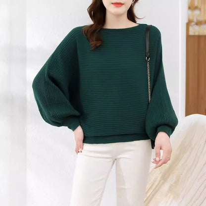 Women’s Knit Sweater - Ribbed Pullover Top - Casual Balloon Sleeve