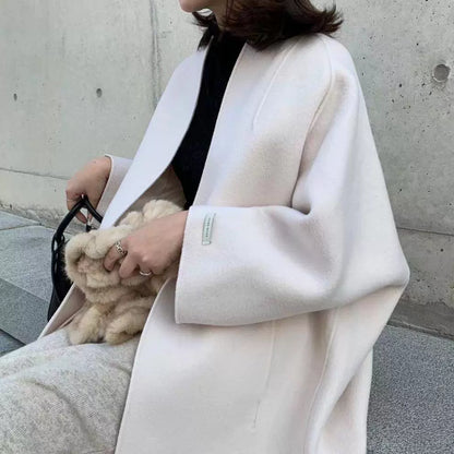 Women’s Long Coat – Wool Blend – Oversized Relaxed Fit – Open Front – Mid-Calf Length