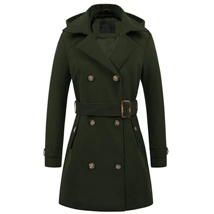 Women’s Coat – Tailored Fit – Belted Waist – Wool Blend – Hooded – Double-Breasted
