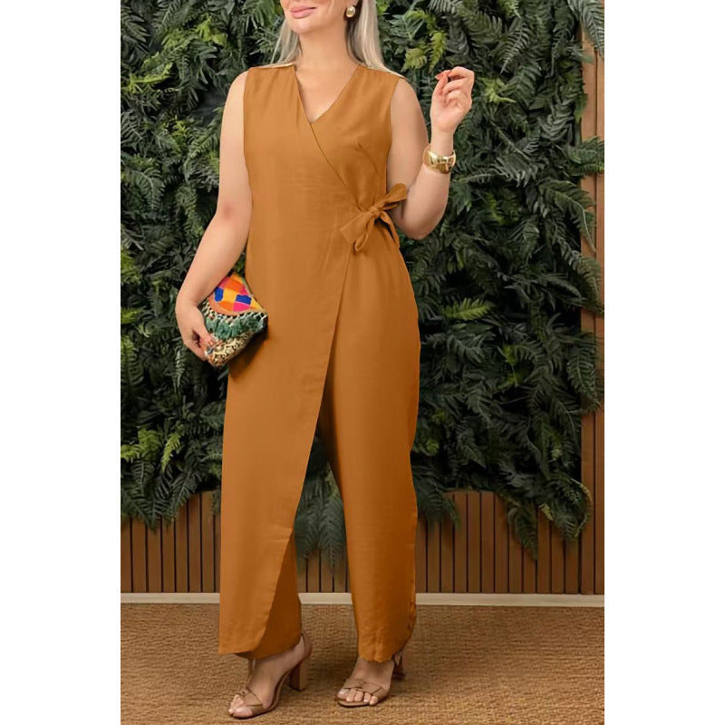Women’s Jumpsuit – Lightweight Cotton Blend – V-Neck Wrap – Sleeveless – Wide Leg