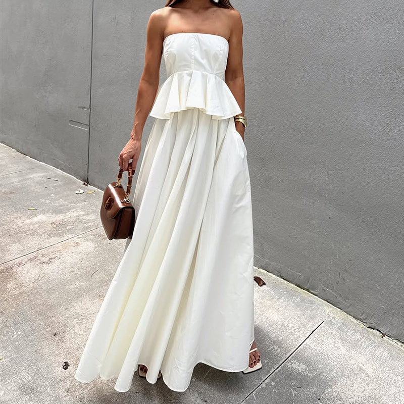 Women’s Strapless Maxi Dress – Fitted Bodice – Peplum Waist – A-Line Flowy Skirt