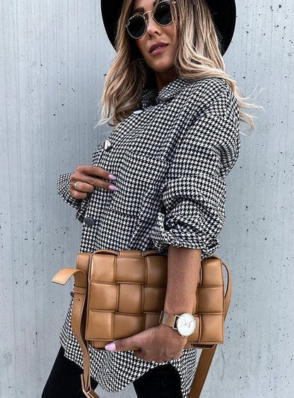 Women’s Jacket – Oversized Fit – Wool-Like Texture – Plaid – Button Front – Mid-Length