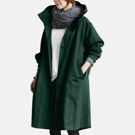 Water-Resistant Hooded Button Closure Long Overcoat
