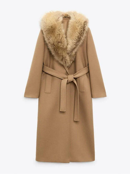 Women’s Long Coat – Wool Blend – Relaxed Fit – Belted Waist – Faux Fur Collar