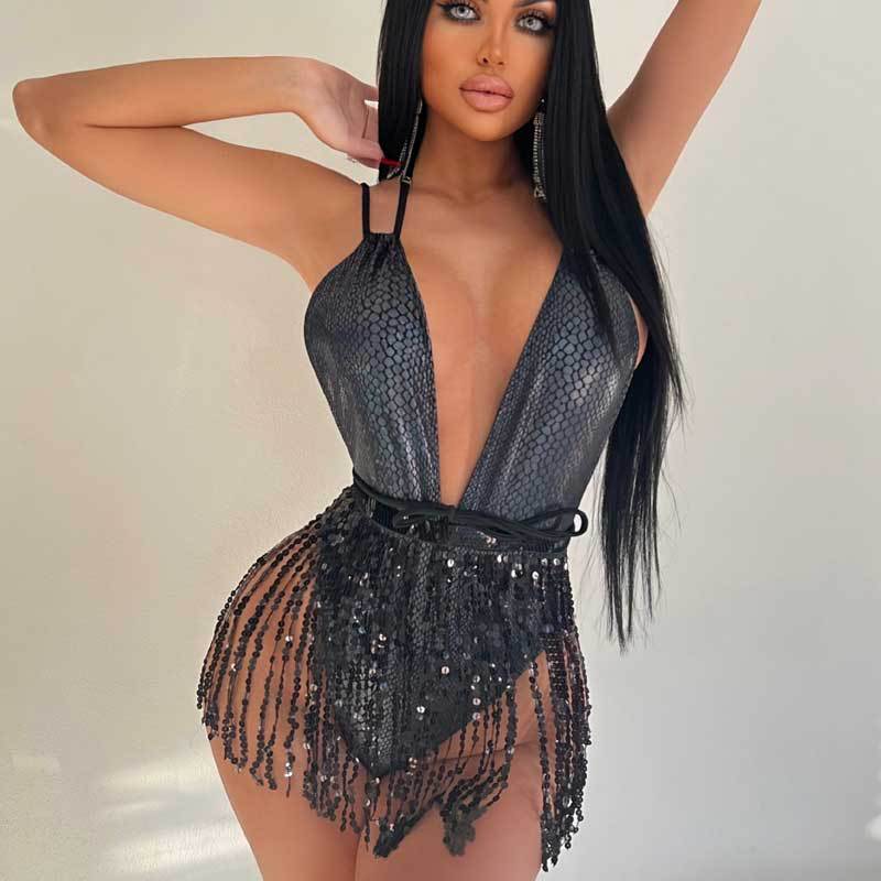 Fringe Waist Snakeskin One-Piece Swimsuit 