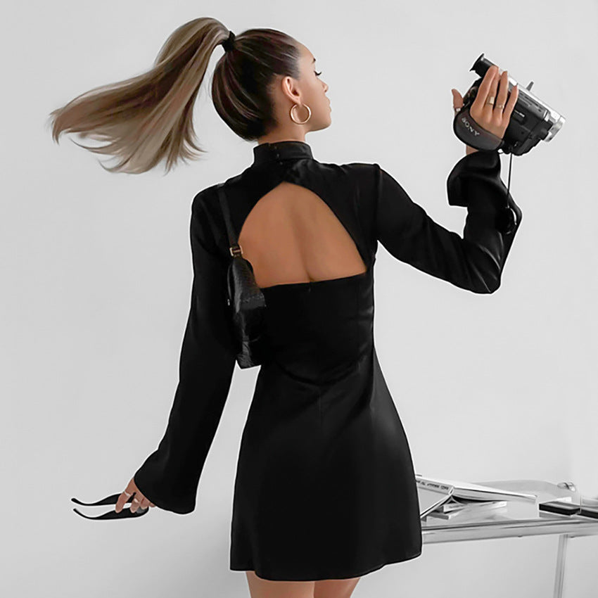Women’s Mini Dress – Satin Fabric – Form-Fitting – Stand Collar – Bell Sleeves