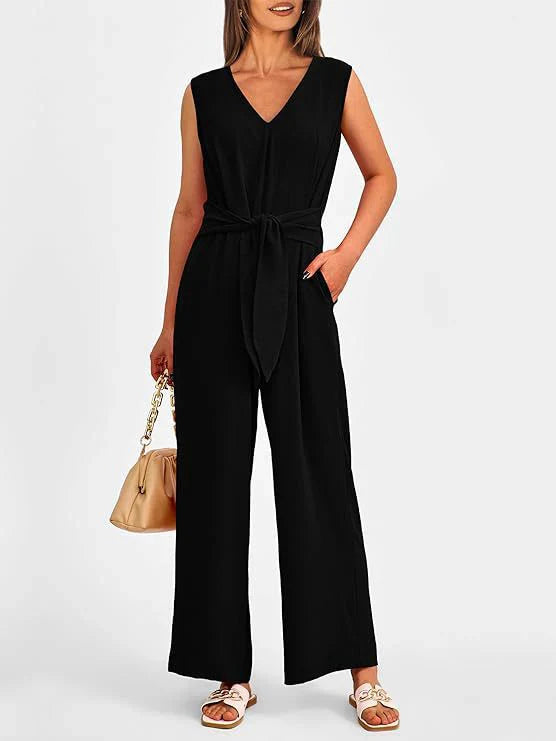 Flowy Fit Waist Tie Wide Leg Jumpsuit 