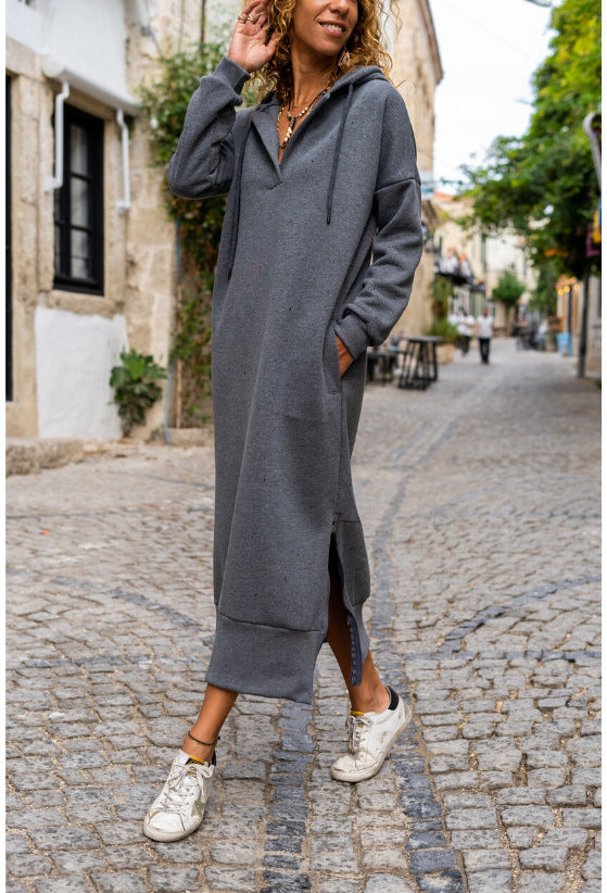 Zipper Pocket V-Neck Hoodie Dress
