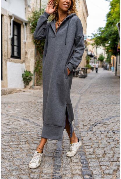 Women's v-neck zipper hoodie dress with pockets and slit