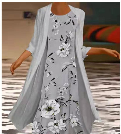 Women’s Two-Piece Dress Set – Loose Fit – Floral Print – Breathable Blend – Mid-Length