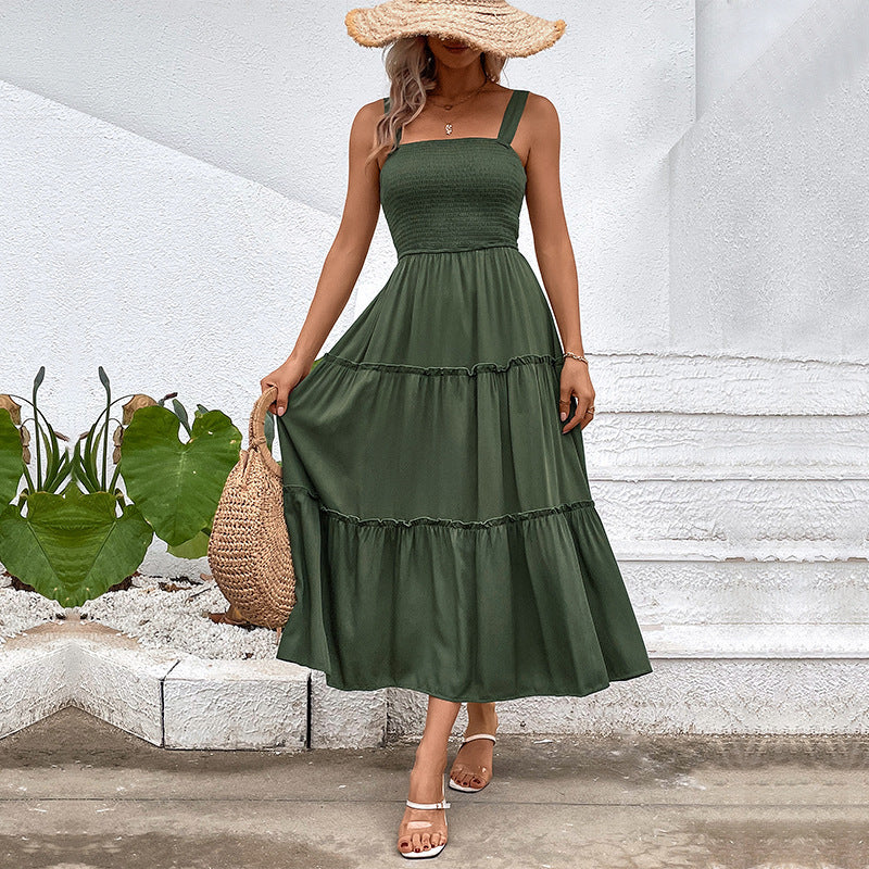 Smocked Bodice Cotton Blend Midi Dress