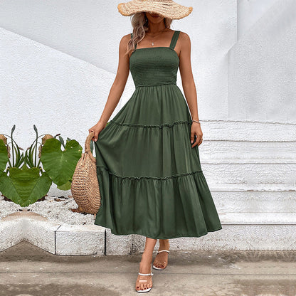 Women’s Sleeveless Dress – Smocked Bodice – Tiered Midi Skirt – Cotton Blend