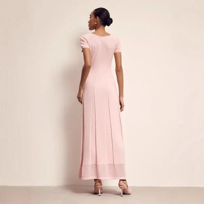 Women’s Maxi Dress – Slim Fit – V-Neck – Pleated – Short Sleeve – Front Slit