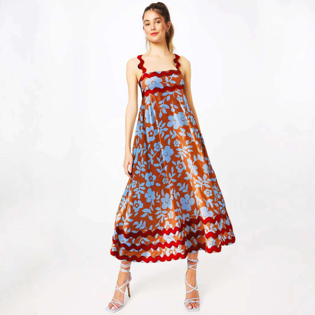 Women’s Long Dress – Floral Print – Flowing Fit – Satin-Like Fabric – Wavy Trim