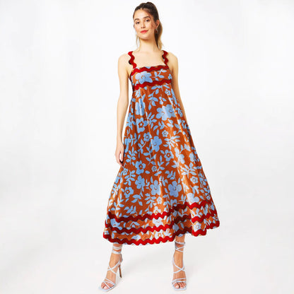 Women’s Long Dress – Floral Print – Flowing Fit – Satin-Like Fabric – Wavy Trim