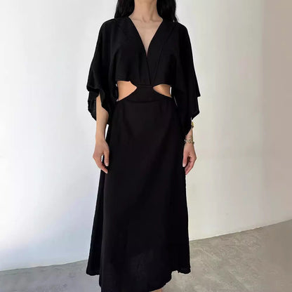 Women’s Maxi Dress – Cotton Linen Blend – Slim Fit – V-Neck – Cut-Out Waist – High Slit