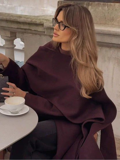 Women’s Long Coat – Wool Blend – Relaxed Fit – Belted Waist – Integrated Scarf