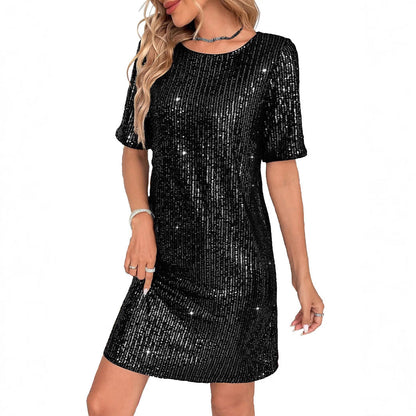 Women’s Mini Dress – Sequin Embellished – Relaxed Fit – Short Sleeve Party Wear