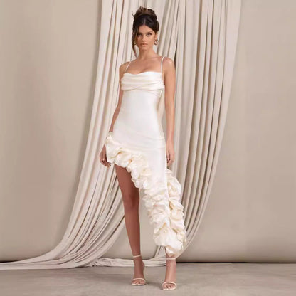 Women’s Evening Gown – Satin – Slim Fit – Spaghetti Straps – Draped Neckline – Ruched Hem